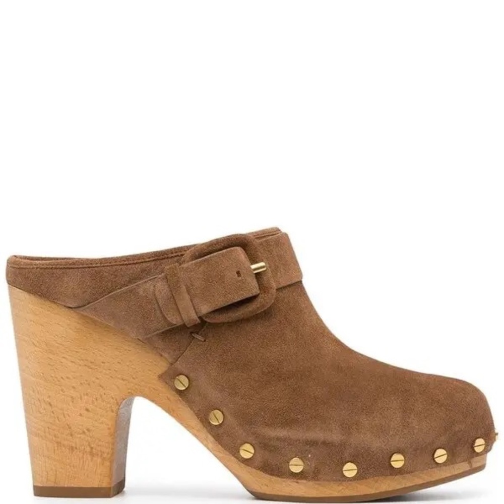 Veronica Beard Brown Suede Mules with Gold Accents